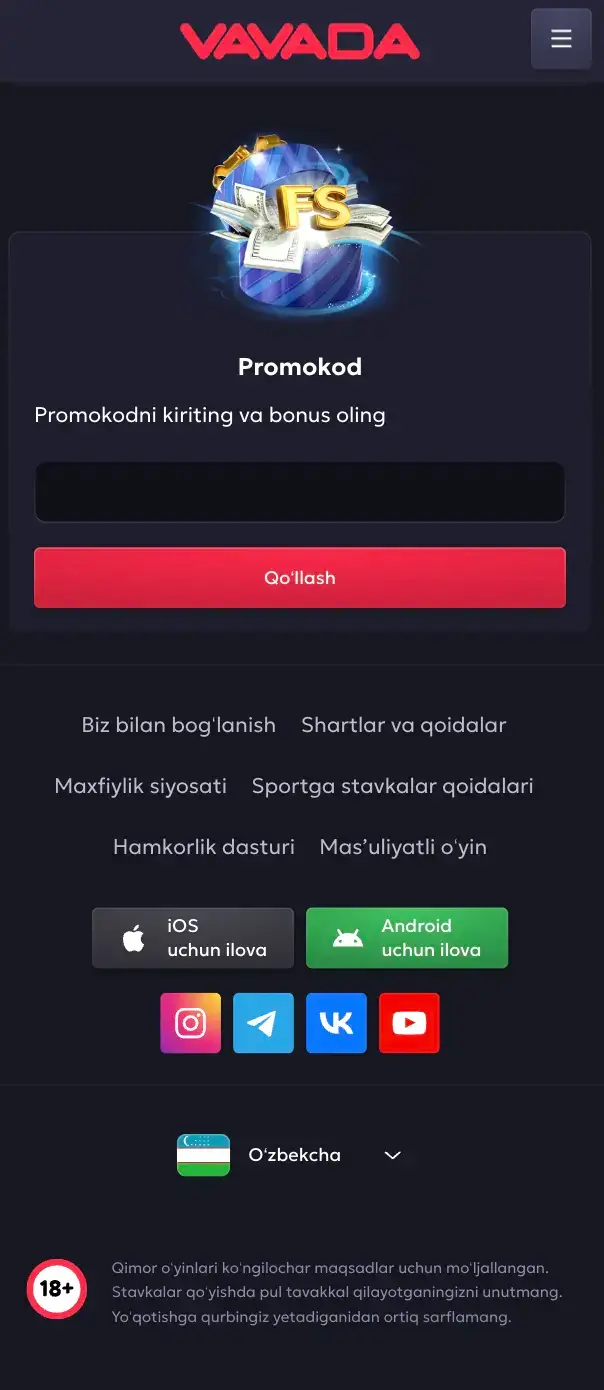 Vavada promokod oynasi va bonusni faollashtirish sahifasi