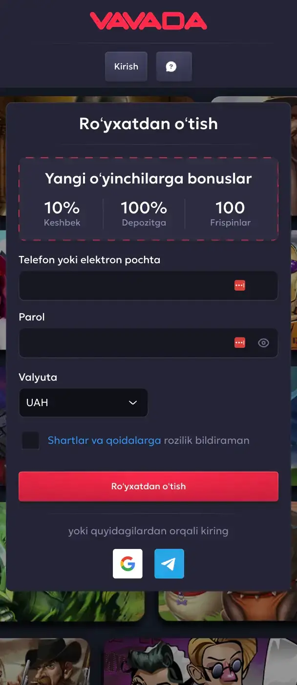 Vavada rasmiy saytida ro'yxatdan o'tish formasi va yangi o'yinchilar bonusi